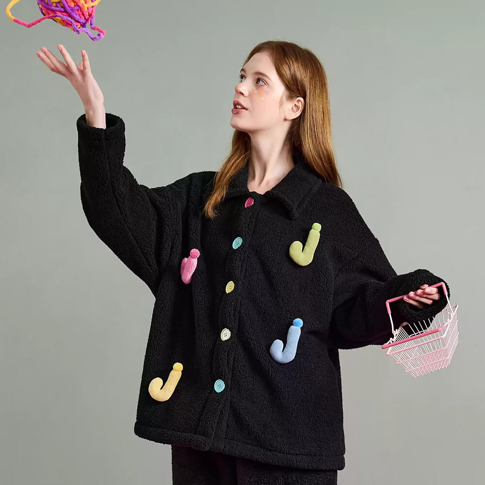 Black Cartoon Loose-fit Winter Pajama Set
