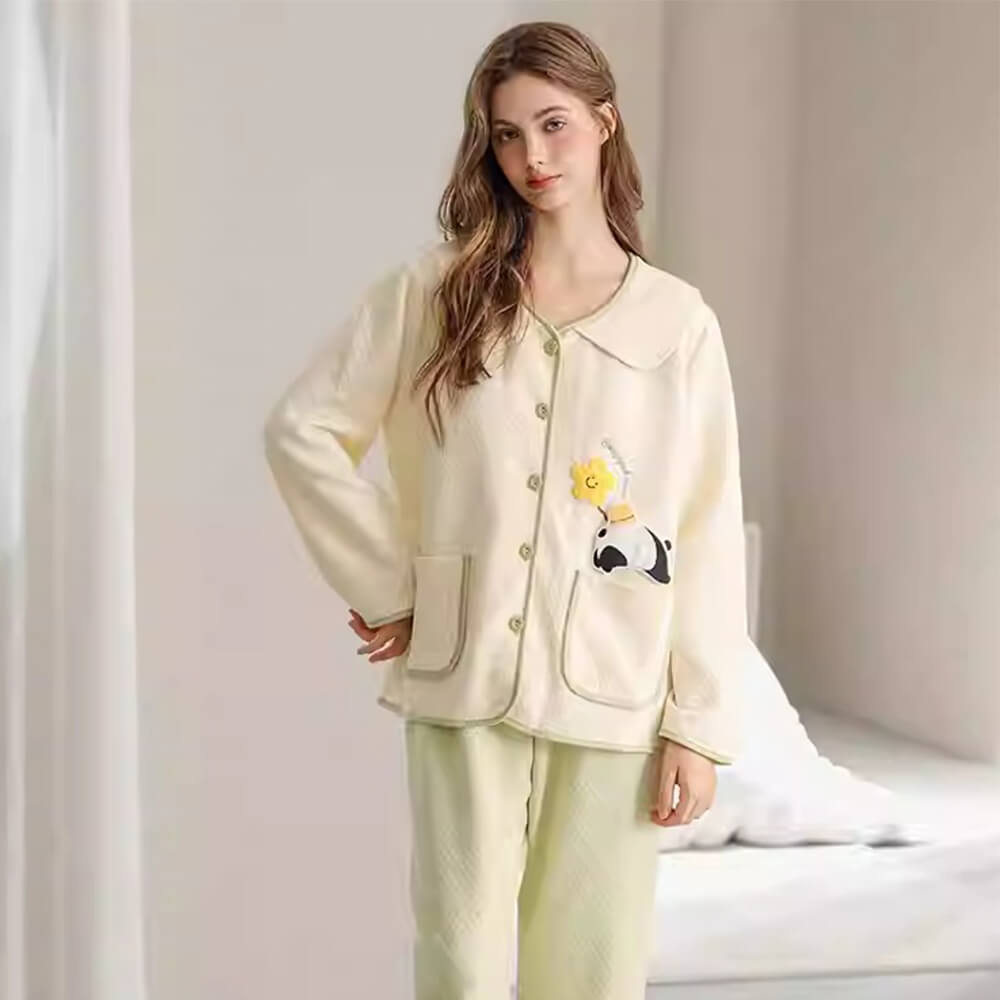 Cream Daisy Long-sleeve Spring Pajama Set