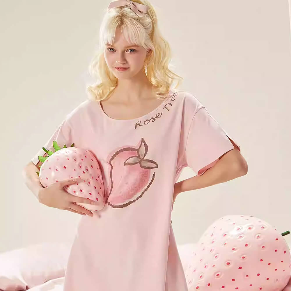 Cute Pink Strawberry Short-sleeve Summer Sleep Dress