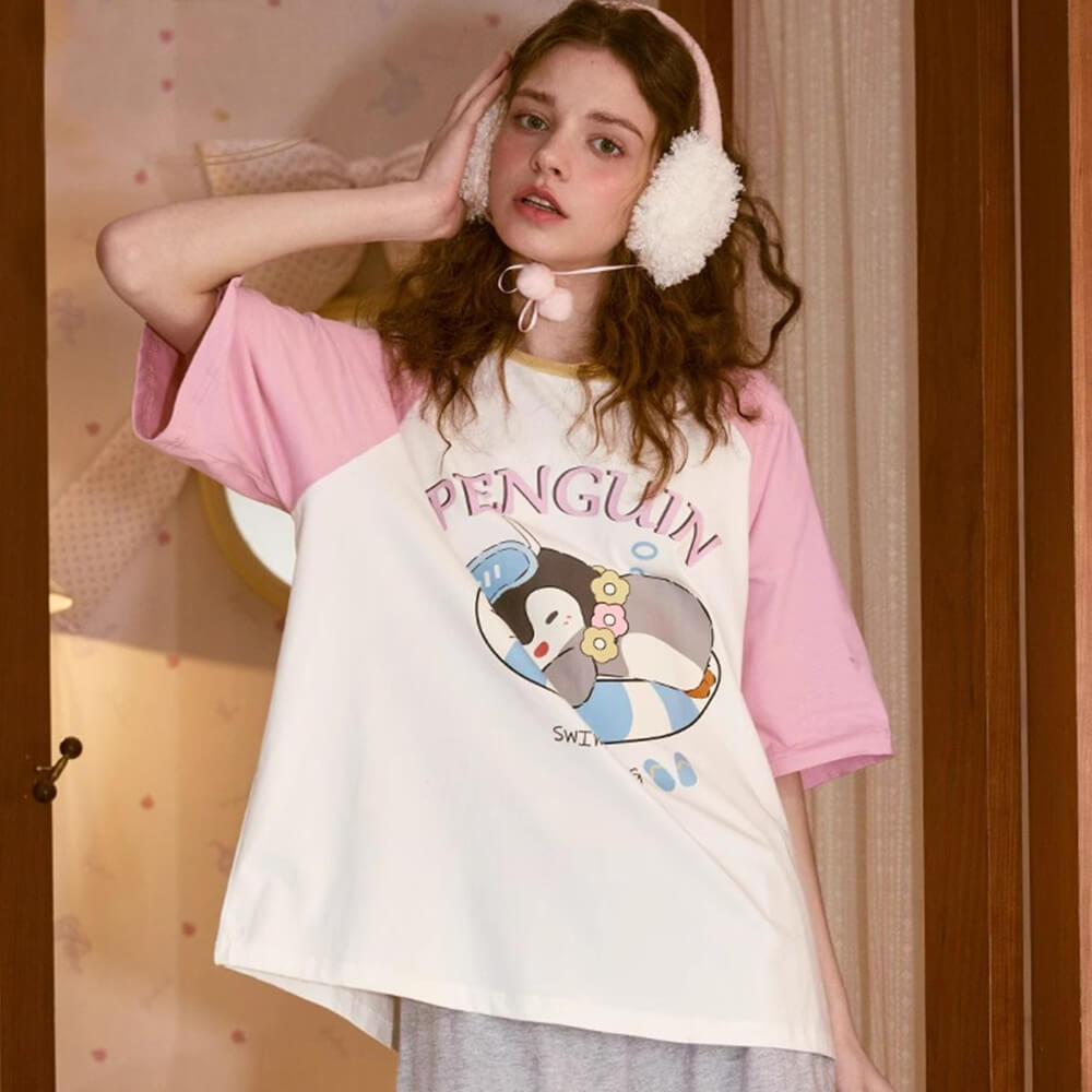 Penguin Print Loose-fit Summer Pajama Set