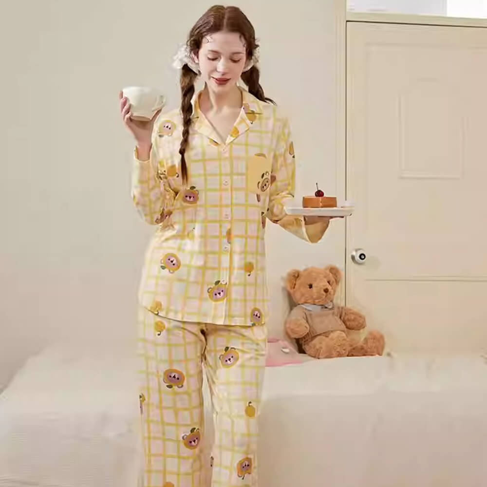 Plaid Long-sleeve Spring Pajama Set with Bear Print
