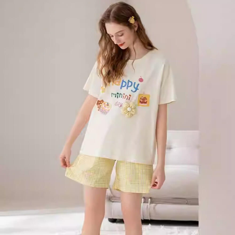 White Cartoon Short-sleeve Summer Pajama Set