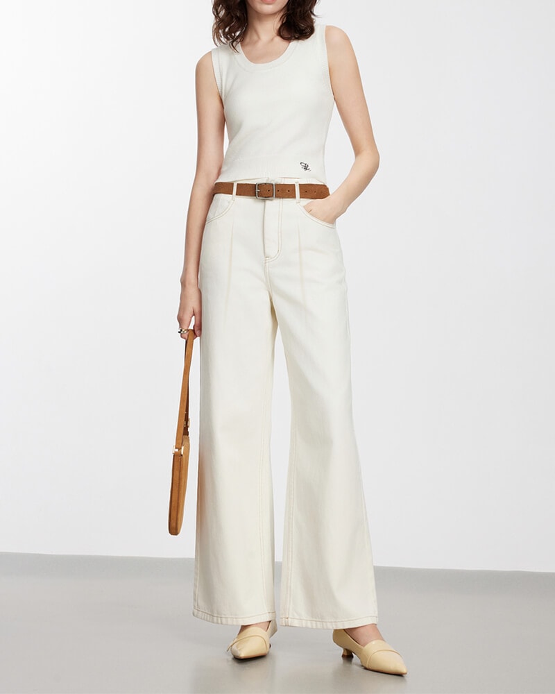Beige cotton high-waisted casual pants